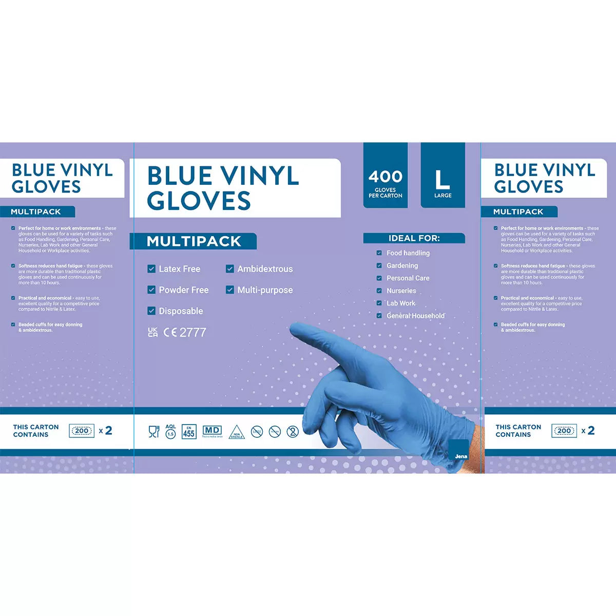 Jena Blue Vinyl Gloves, 400 Pack in Medium