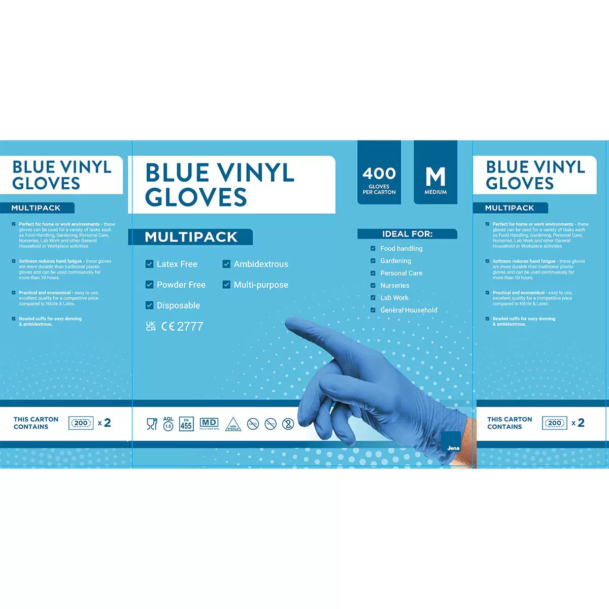 Jena Blue Vinyl Gloves, 400 Pack in Medium