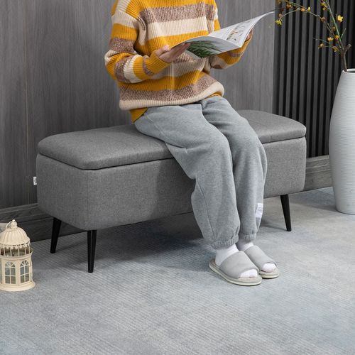 Storage Ottoman Bench, Linen Fabric Footstool with Steel Legs Grey