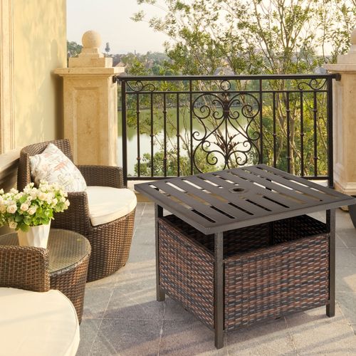 Outsunny Outdoor Rattan Coffee Table w/ Umbrella Hole Fit for Garden Backyard