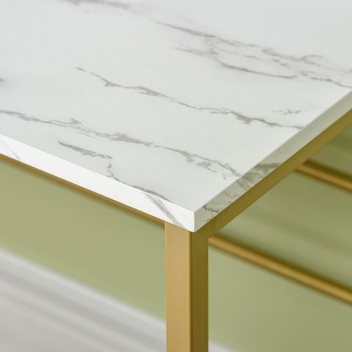Dressing Table with Round Mirror, Vanity Makeup Desk Faux Marble Texture White