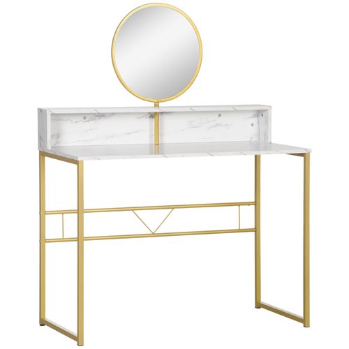 Dressing Table with Round Mirror, Vanity Makeup Desk Faux Marble Texture White