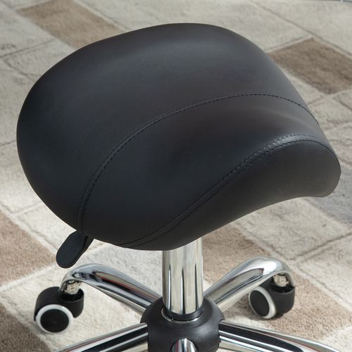 PU Leather Saddle Stool w/ Moulded Padded Seat Adjustable Height 5 Wheels Black